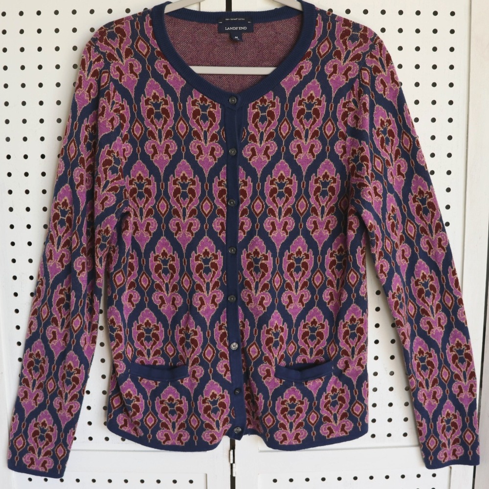 Lands' End Womens SIZE M 100% Supima Cotton Button Cardigan Sweater